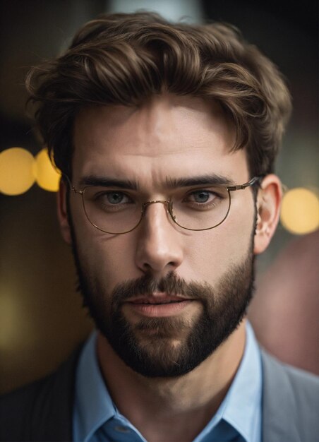 a man wearing glasses and a suit with a beard