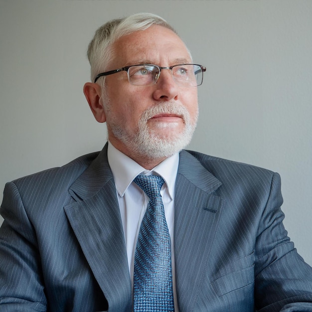 a man wearing glasses and a suit with a blue tie