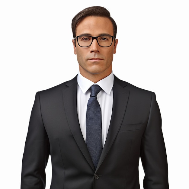 a man wearing glasses and a suit with a tie that says " he is wearing glasses ".