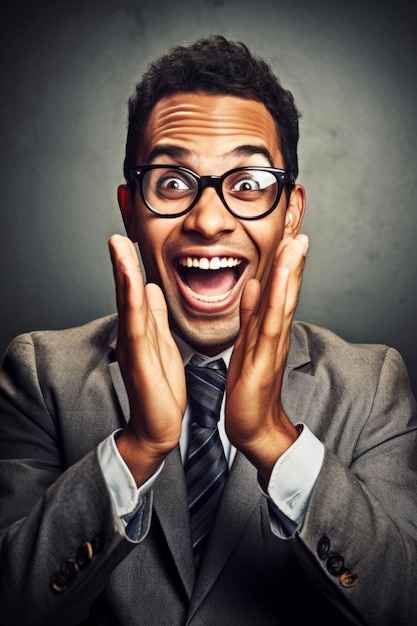 A man wearing glasses and a suit with a tie that says'i'm a man '