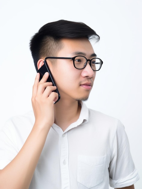 A man wearing glasses talks on a cell phone.