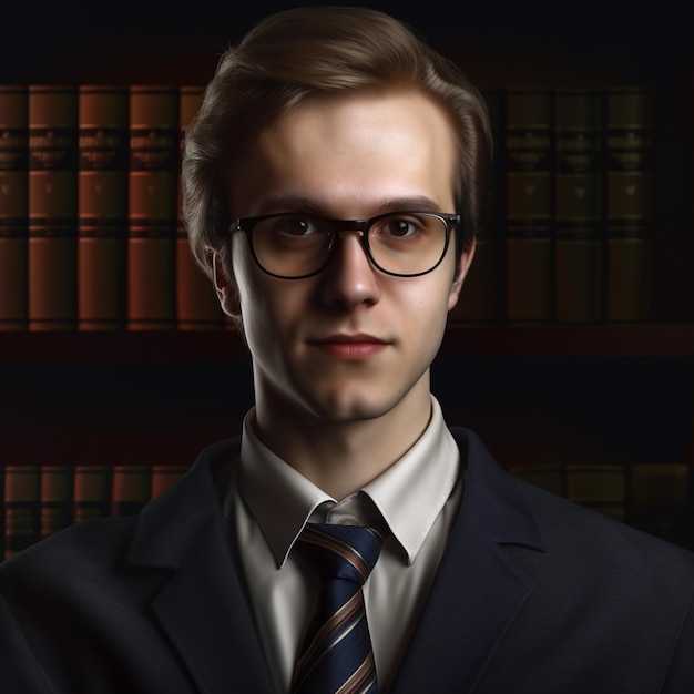 A man wearing glasses and a tie stands in front of a bookshelf.