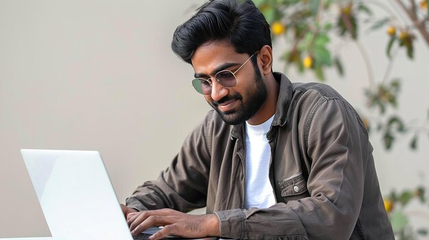 a man wearing glasses using a laptop with a tree in the background