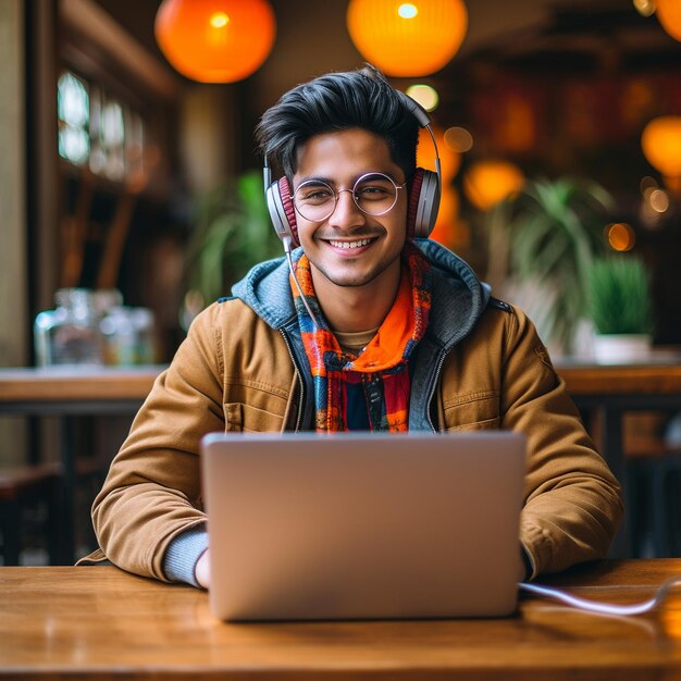 A man wearing glasses with earphones on his head sits at a table with a laptop.