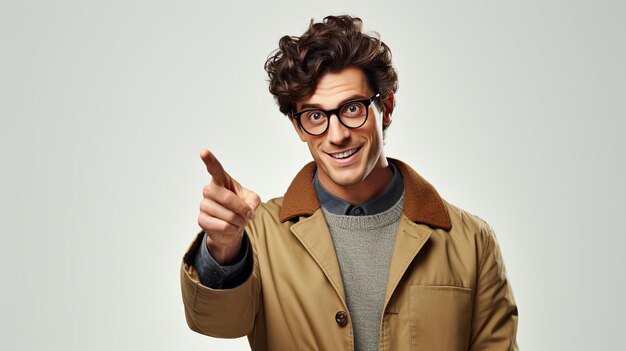 Photo a man wearing glasses with a pointing hand gesture created by generative ai