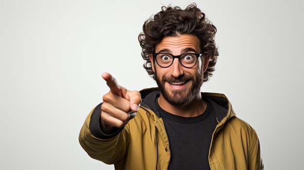 Photo a man wearing glasses with a pointing hand gesture created by generative ai