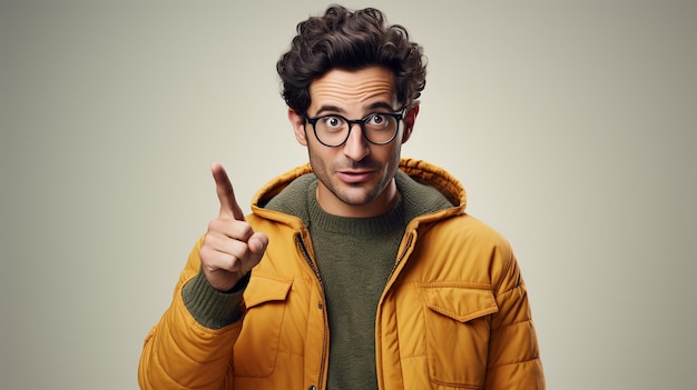 Photo a man wearing glasses with a pointing hand gesture created by generative ai