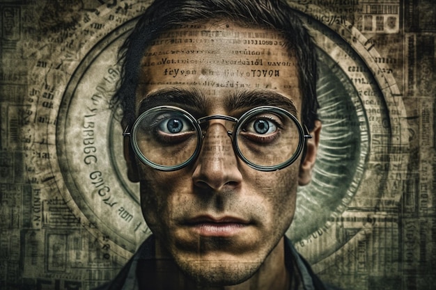 A man wearing glasses with the word eye on it