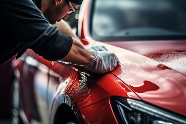 手袋をした男性が手に手袋をしたまま車を掃除している。