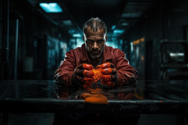 A man wearing gloves sits at a table