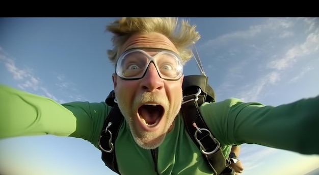 A man wearing goggles and a green shirt is on a sky background.