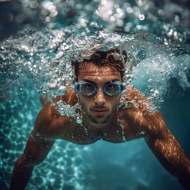 Человек в защитных очках плавает под водой со словами s