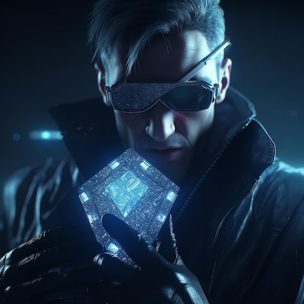 a man wearing goggles and a jacket with a cell phone in his hands.