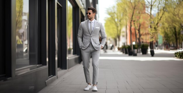 Photo a man wearing a gray suit suit and shoes in the street