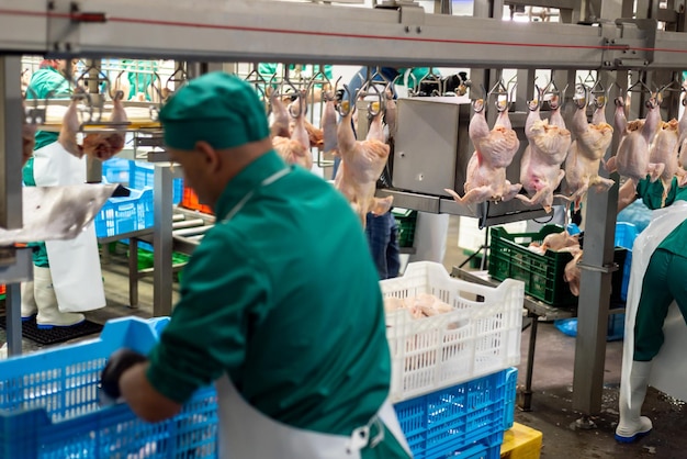 A man wearing a green hat is working in a factory with blue crates and chickens hanging from the ceiling.