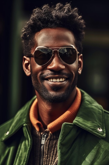 A man wearing a green jacket and sunglasses smiles for the camera.