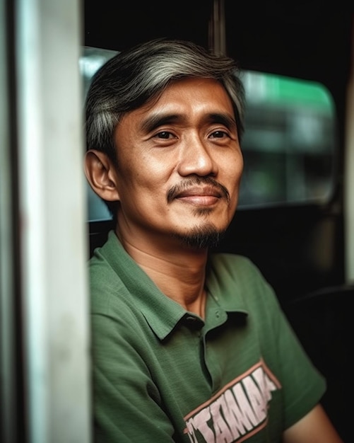 a man wearing a green shirt with the word " on it.