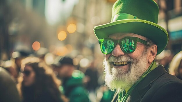 Foto un uomo con gli occhiali da sole verdi vestito da leprechaun a una parata del giorno di san patrizio