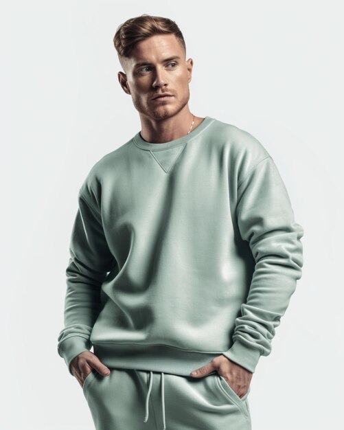 Man wearing a green sweater and a grey sweatpants