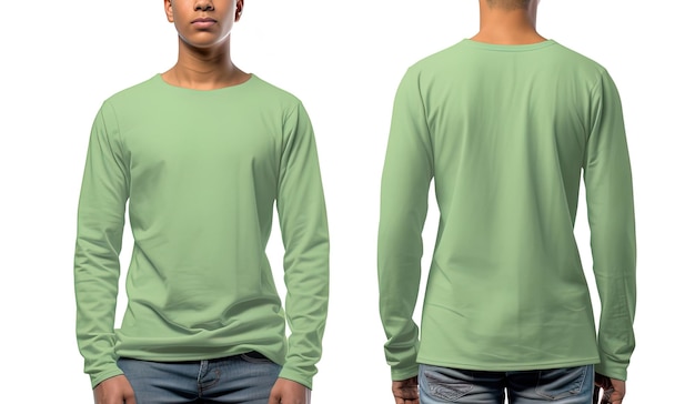 긴 소매가 달린 녹색 티셔츠를 입은 남자 전면 및 후면 모습
