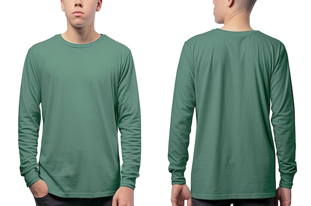 Photo man wearing a green tshirt with long sleeves front and back view