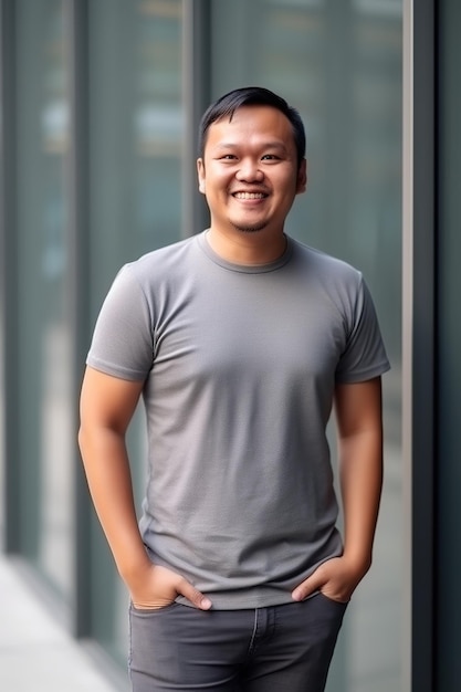 A man wearing a grey shirt and jeans stands in front of a window.