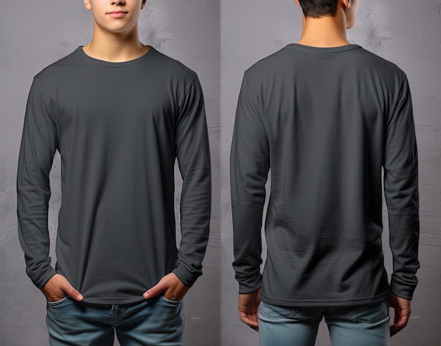 Man wearing a grey Tshirt with long sleeves Front and back view