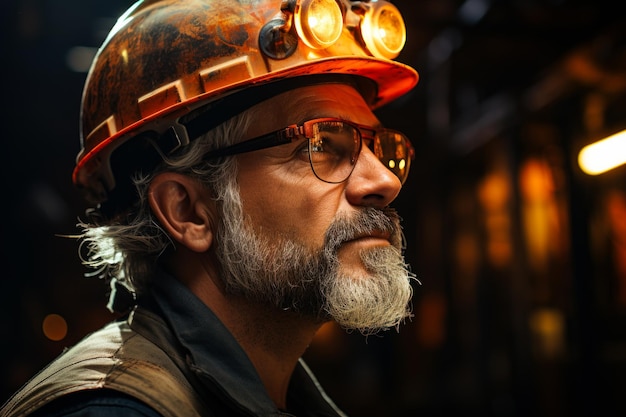 A man wearing a hard hat and glasses Construction worker in hard hat and safety glasses