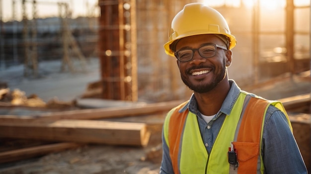 Photo a man wearing a hard hat and glasses smiling at the camera