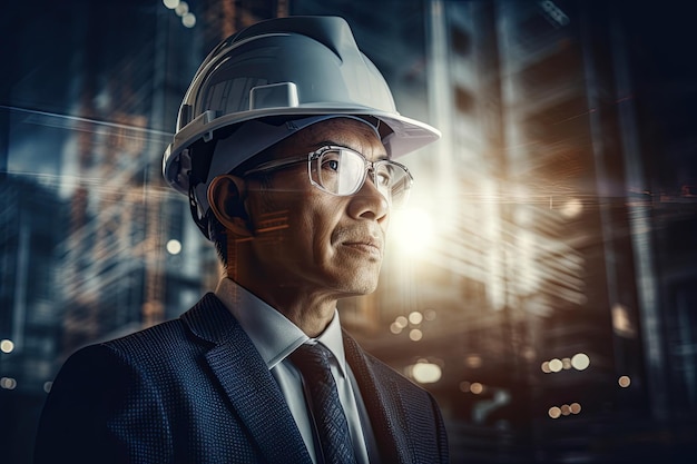 A man wearing a hard hat and glasses stands in front of a building with lights on the background.