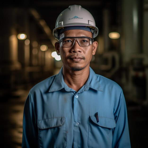 A man wearing a hard hat and glasses stands in front of a dark background.