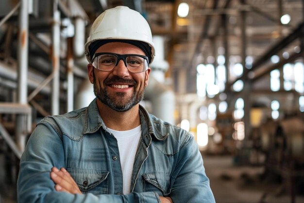  A man wearing a hard hat and glasses | Premium AI-generated image