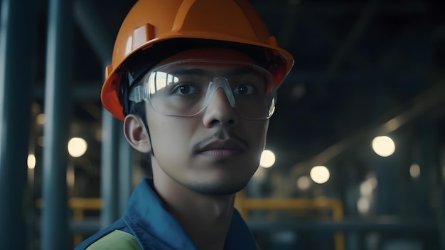 A man wearing a hard hat and goggles stands in a dark room with a blurred background.