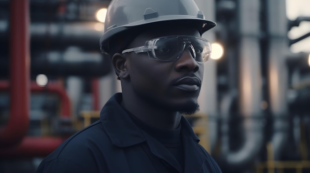 A man wearing a hard hat and goggles stands in front of a refinery.