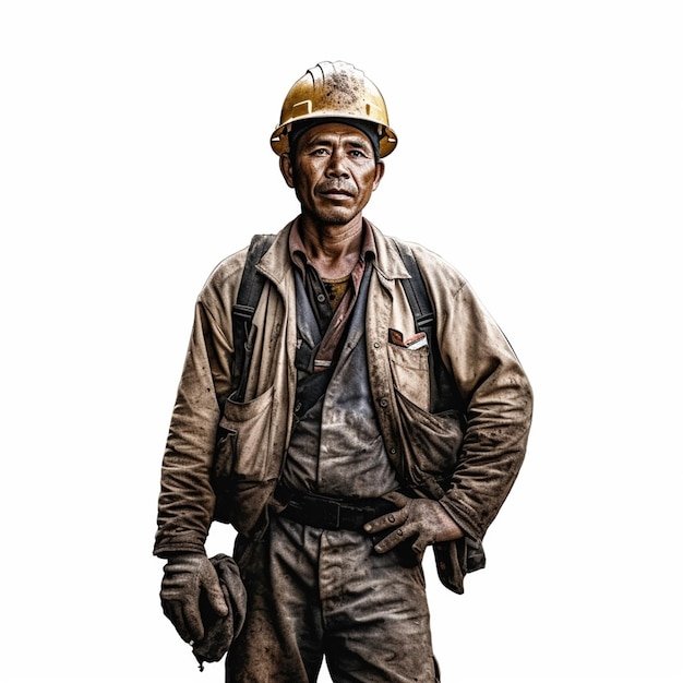 A man wearing a hard hat and a hard hat stands in front of a white background.