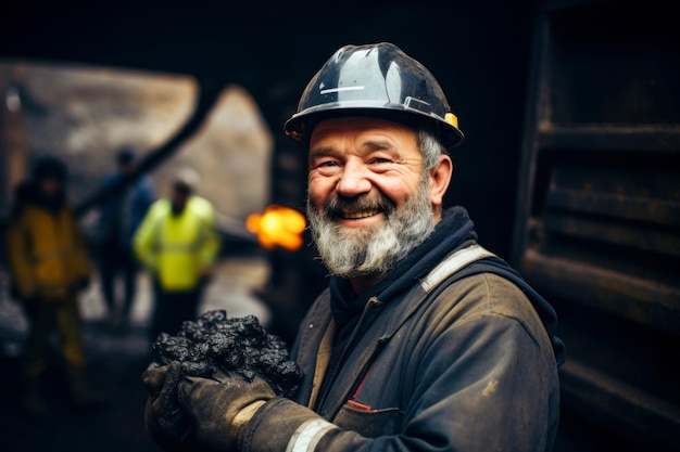 Foto un uomo che indossa un casco e tiene un mucchio di carbone