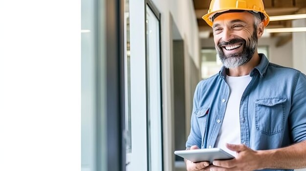 a man wearing a hard hat and holding a tablet