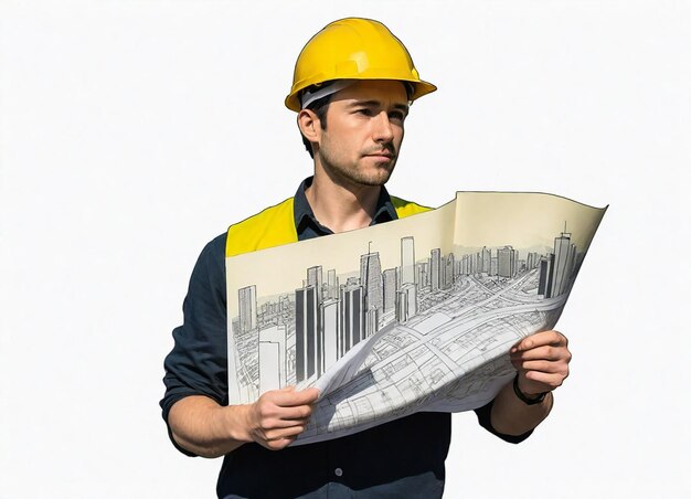 a man wearing a hard hat holds a map of the city