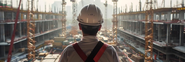 a man wearing a hard hat looking out a window with a construction worker on the back