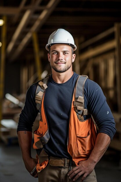 a man wearing a hard hat and an orange backpack