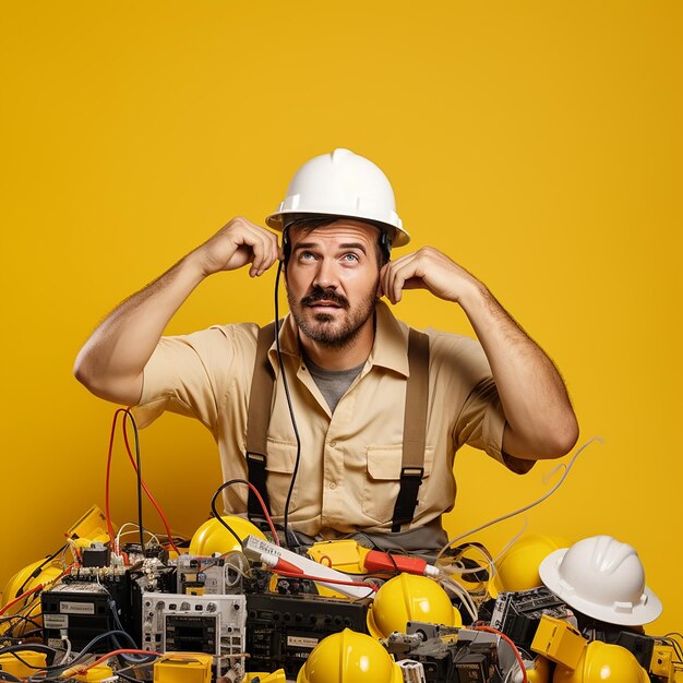 Foto un uomo che indossa un cappello duro si siede di fronte a uno sfondo giallo con un uomo che indossa un casco duro