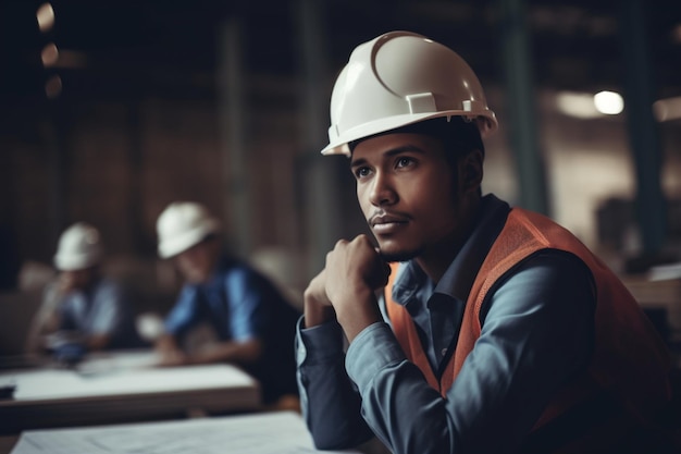 A man wearing a hard hat sits at a table in a warehouse.