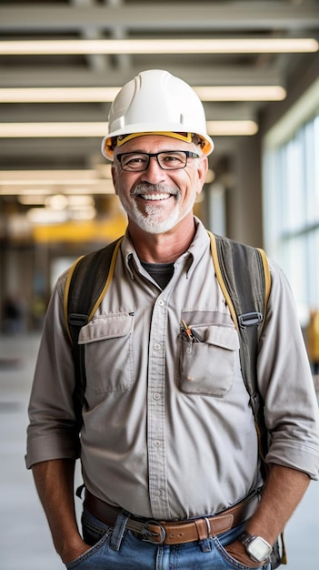 Photo a man wearing a hard hat smiles in front of a building