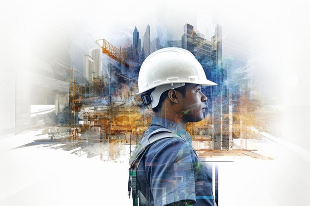 a man wearing a hard hat standing in front of a construction site