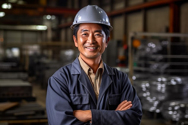 Photo a man wearing a hard hat stands in a factory with his arms crossed.