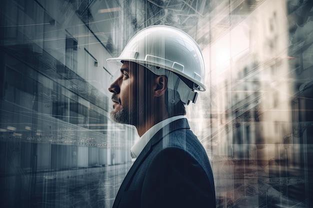 A man wearing a hard hat stands in front of a building with a digital image of a building