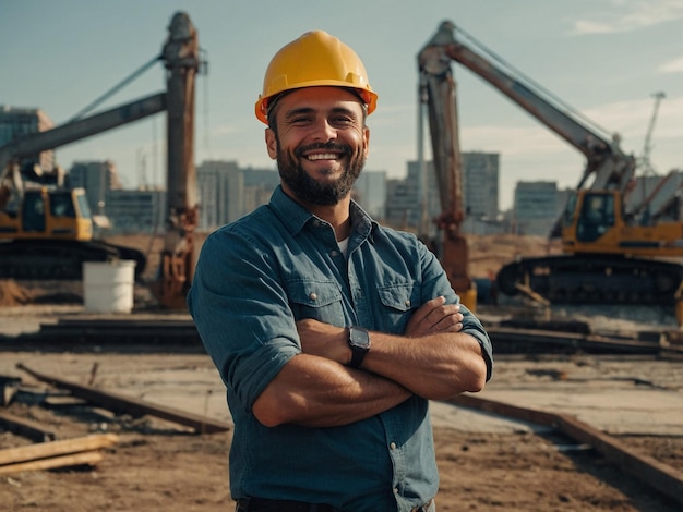 a man wearing a hard hat stands in front of a construction site