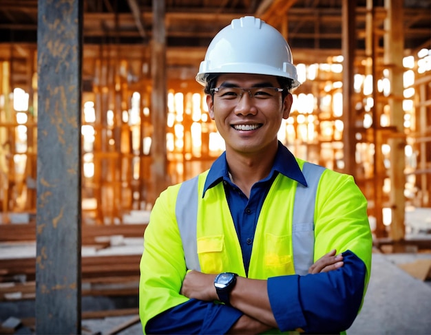 Photo a man wearing a hard hat stands in front of a construction site