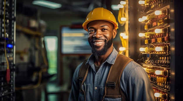 A man wearing a hard hat stands in front of a light bulb that has the word light on it.