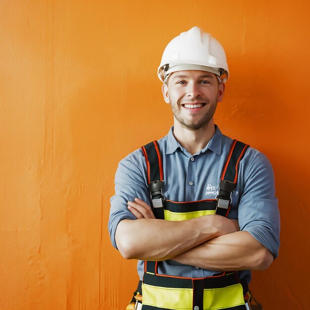 a man wearing a hard hat stands in front of an orange wall